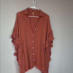 Free People Terracotta Button-Down Ruffle Sleeve Shirt